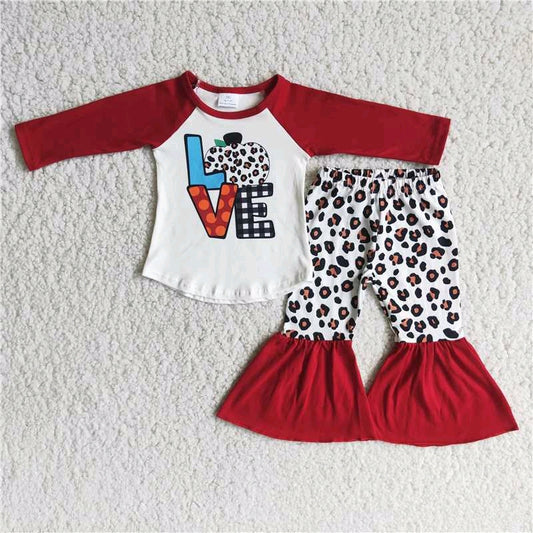 Valentine girl love red raglan leopard print long sleeve bell bottom outfits