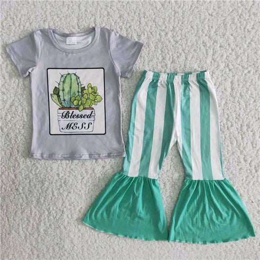 promotion price  B6-22 cactus print green stripe girl short sleeve bell bottom pant outfit