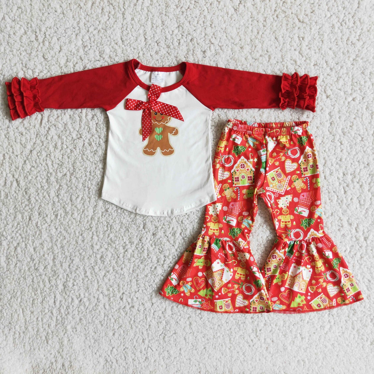 promotion Christmas girl bow gingerbread red raglan long sleeve bell bottom pant outfit