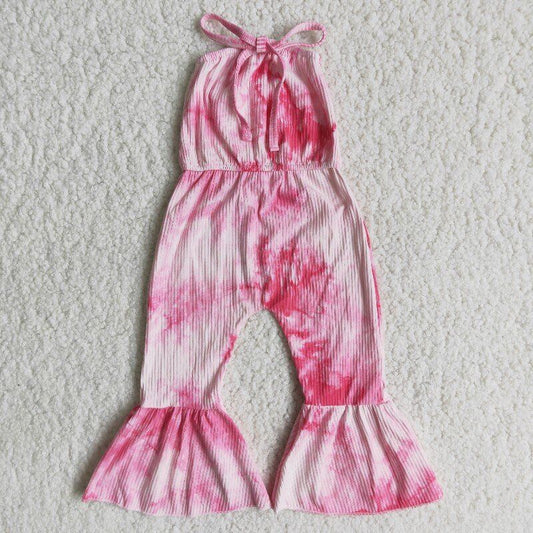 tie-dyed pink white bell bottom sling jumpsuit