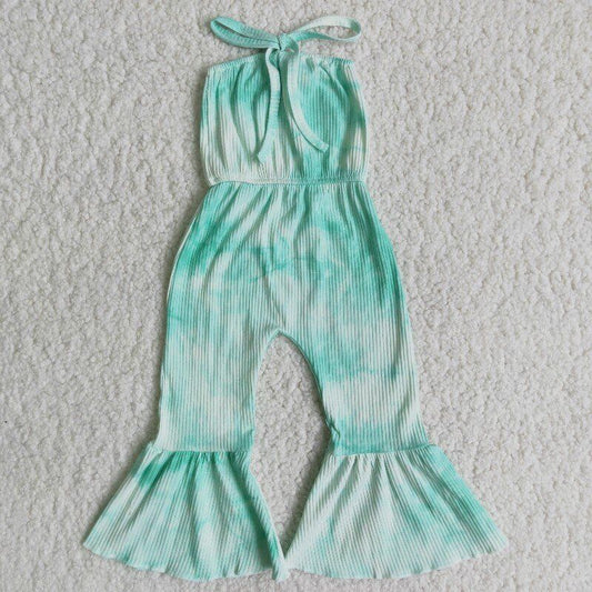 tie-dyed blue white bell bottom sling jumpsuit