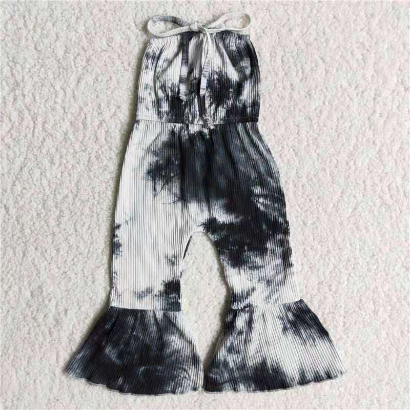 tie-dyed grey black bell bottom sling jumpsuit