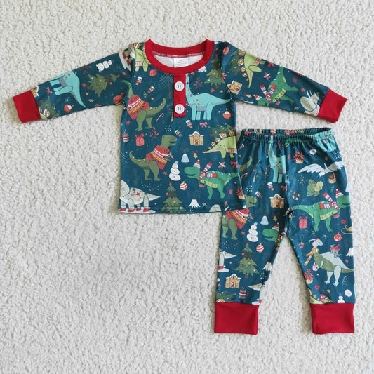 christmas boy cartoon dinosaurs print long sleeve pajamas outfits 0729 RTS