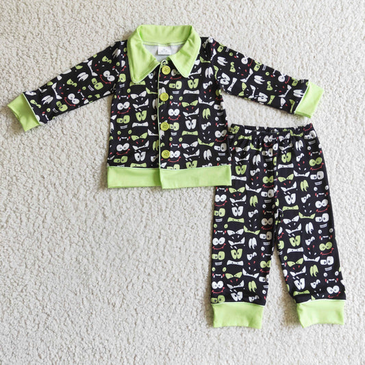 BLP0032 RTS cartoon green eyes long sleeve green boy pajamas outfit 1031