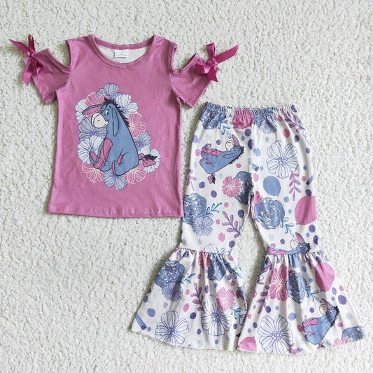 grey dankey purple flower pink short sleeve bow bell bottom pants girl outfit RTS 0720