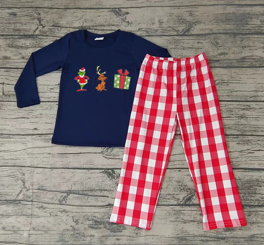 preorder embroidery Christmas green dots cartoon blue long sleeve top red plaid pants boy outfit 0711