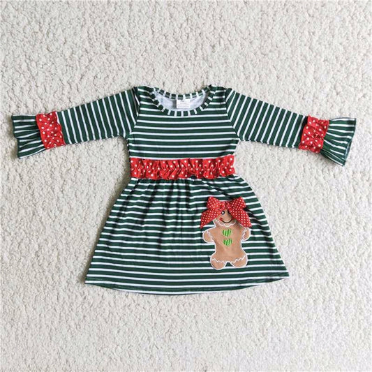 promotion 6 B13-20 christmas gingerbread bow embroidery stripe long sleeve girl dress 20230724 RTS