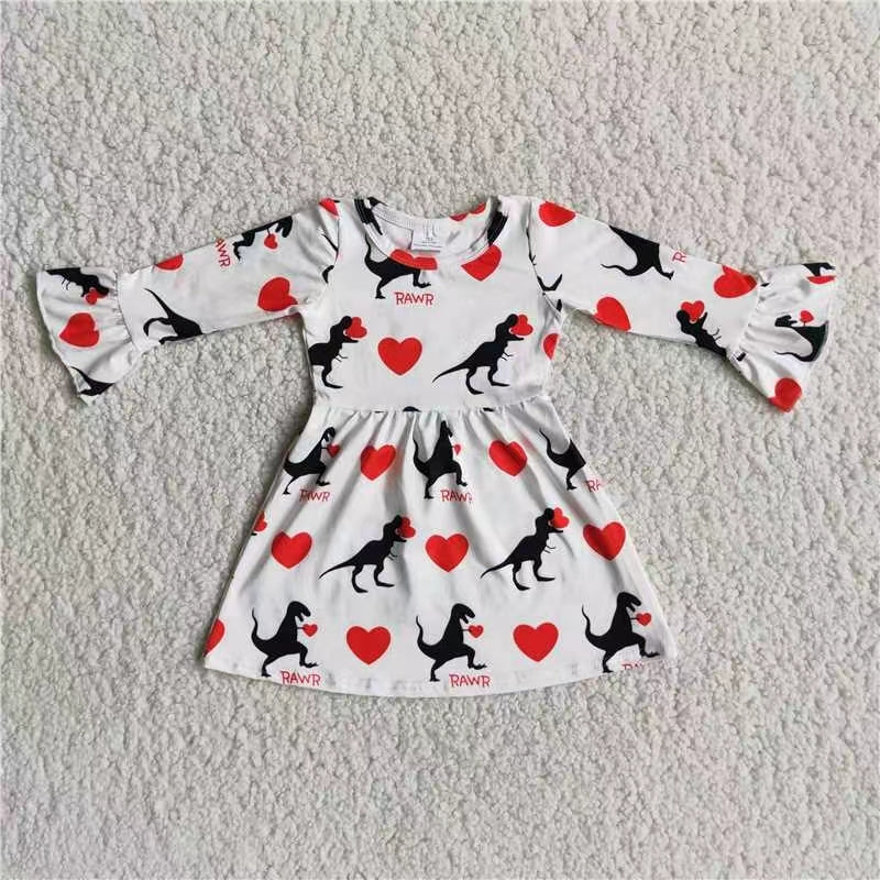 tunic flare long sleeve dinosaur red heart girl dress 0707 RTS