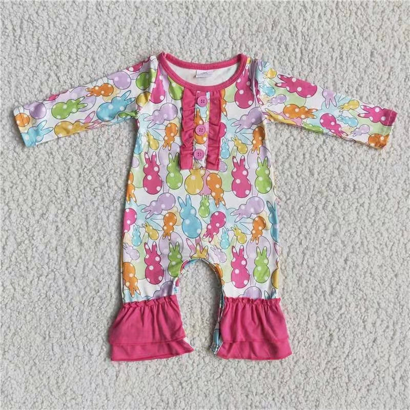 promotion 6 A19-18 Easter girl rabbit lace button long sleeve romper