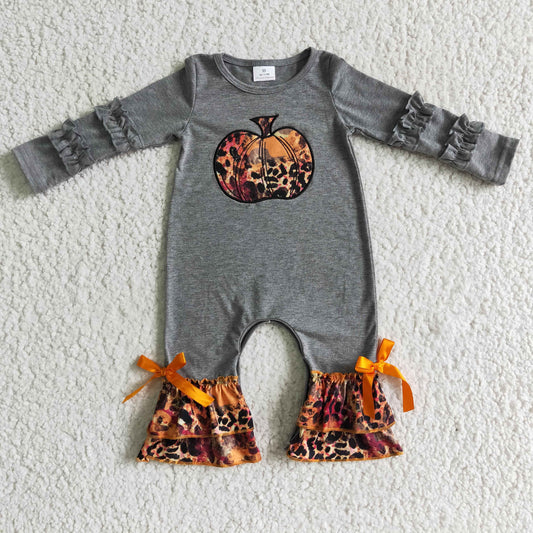 halloween grey pumpkin long sleeve girl romper 0915 RTS