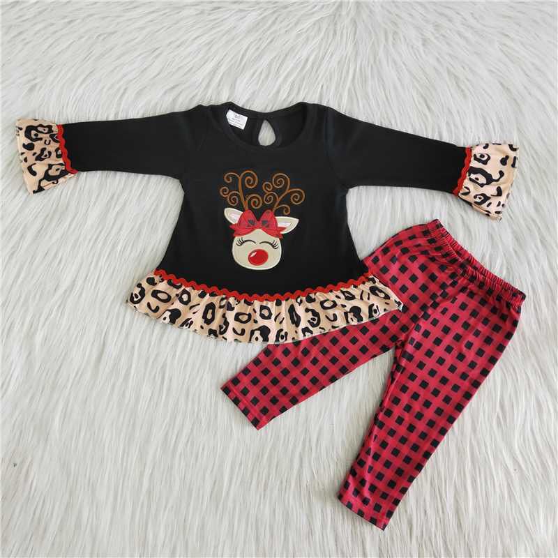 6A18-27 Christmas girl reindeer leopard print ruffle red plaid long sleeve legging outfit