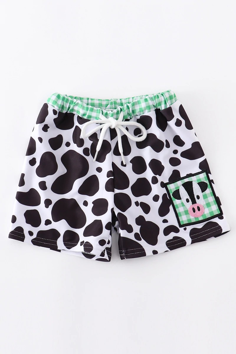 cow embroidery print green white plaid boy swimming trunks shorts 0411