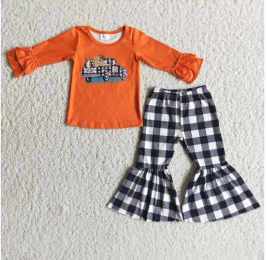 promotion 6 A8-29 pumpkin orange ruffles car black white plaid long sleeve bell bottom pant outfit