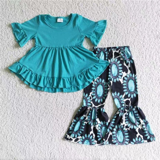 RTS GSPO0116 gem blue ruffle dress top bell bottom girl outfit 0928