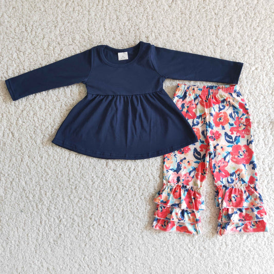 promotion 6 B2-5 navy blue pink floral girl ruffles long sleeve pants outfits