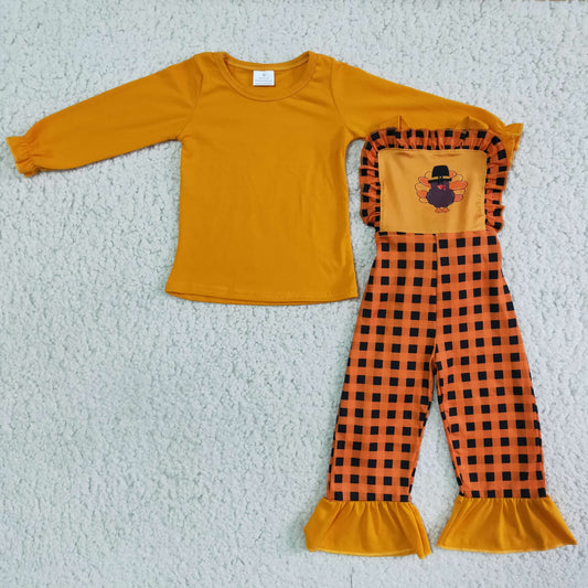 Thanksgiving girl orange plaid lace cartoon turkey print overall outfits