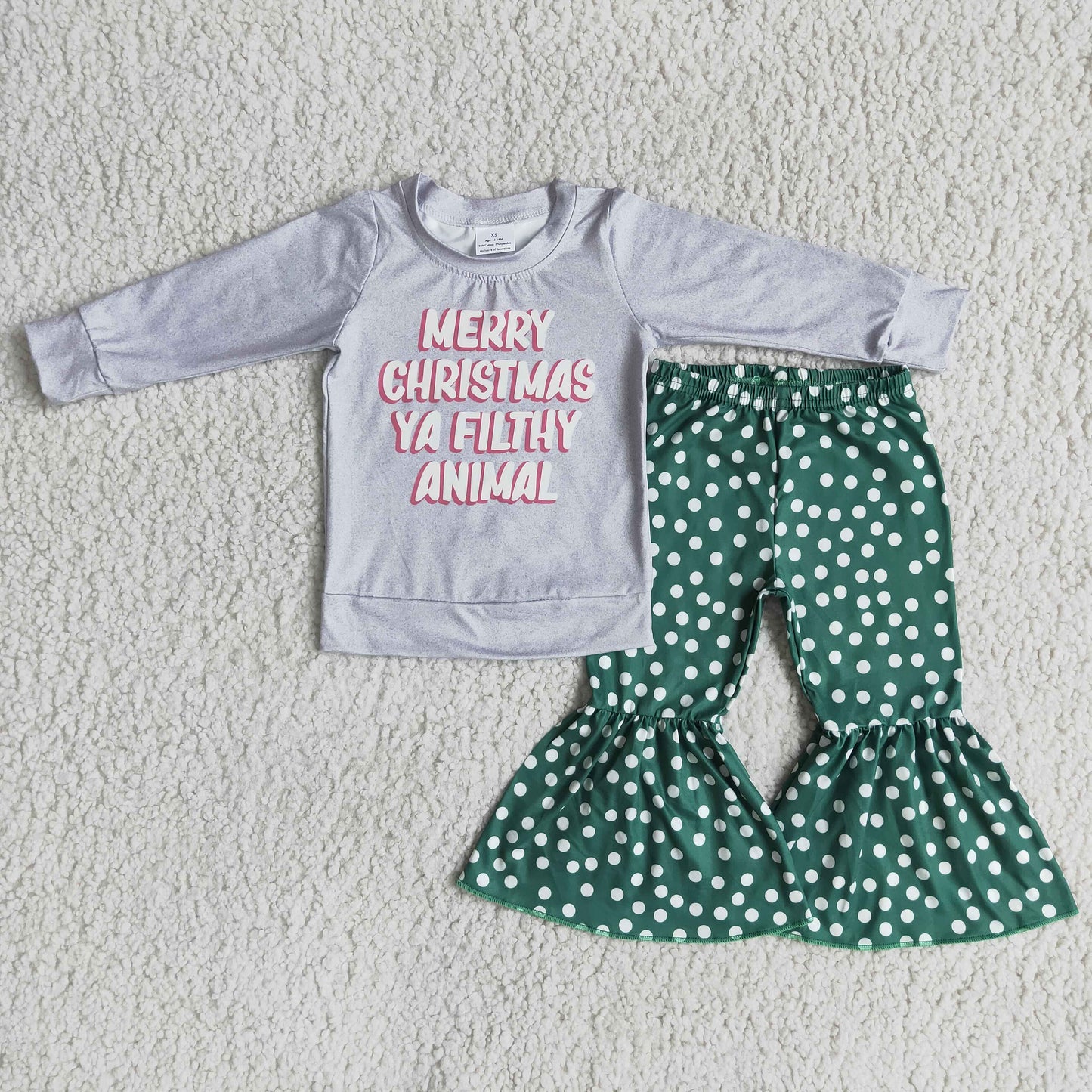 6 A7-16 Christmas girl grey white dots long sleeve bell bottom pants outfit 1105 RTS