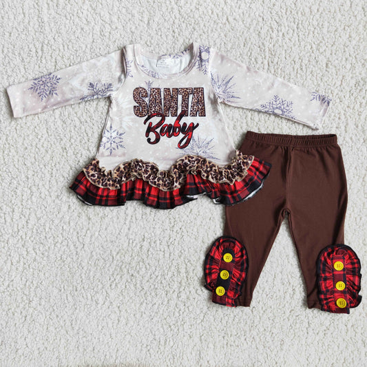 Girl snow santa baby leopard print long sleeve legging pant outfit