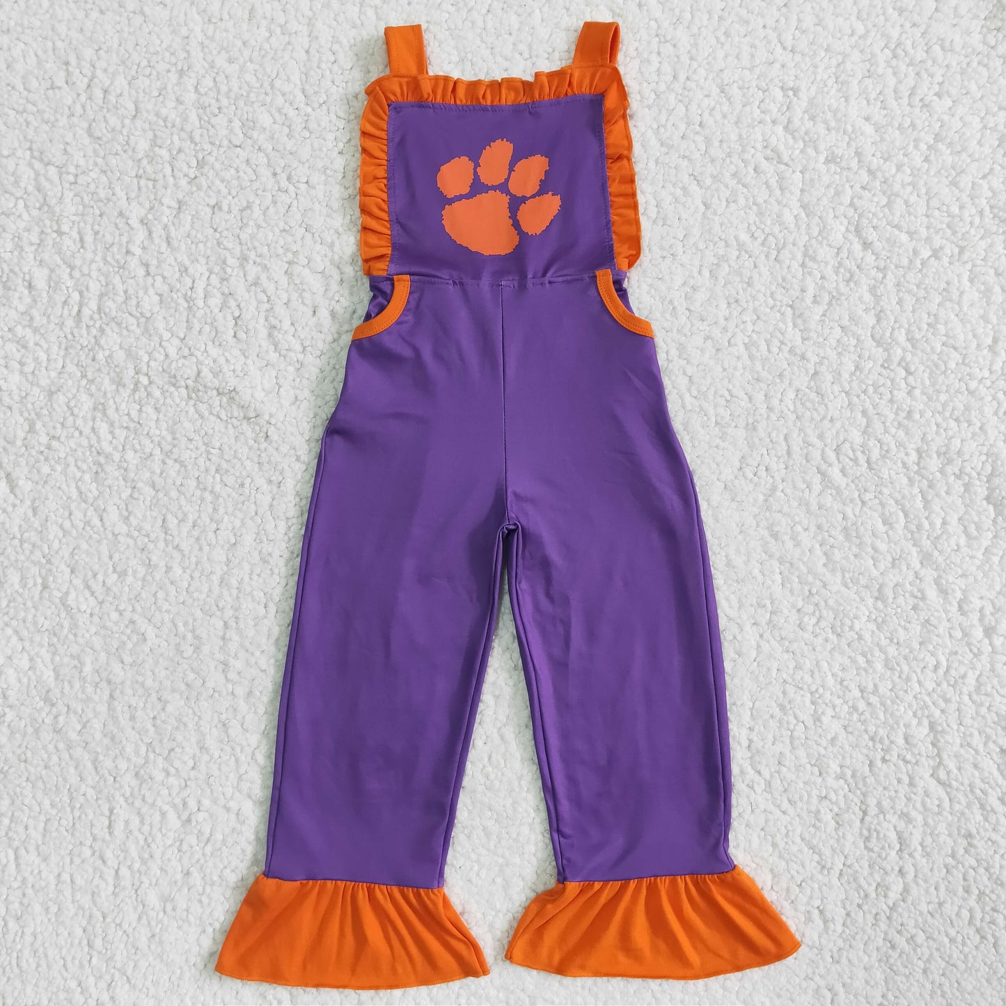 Team orange purple lace suspender pants