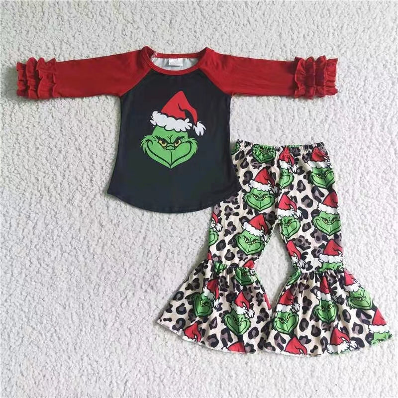 RTS 0721 long ruffle sleeve green grin Christmas bell bottom pants girl outfit