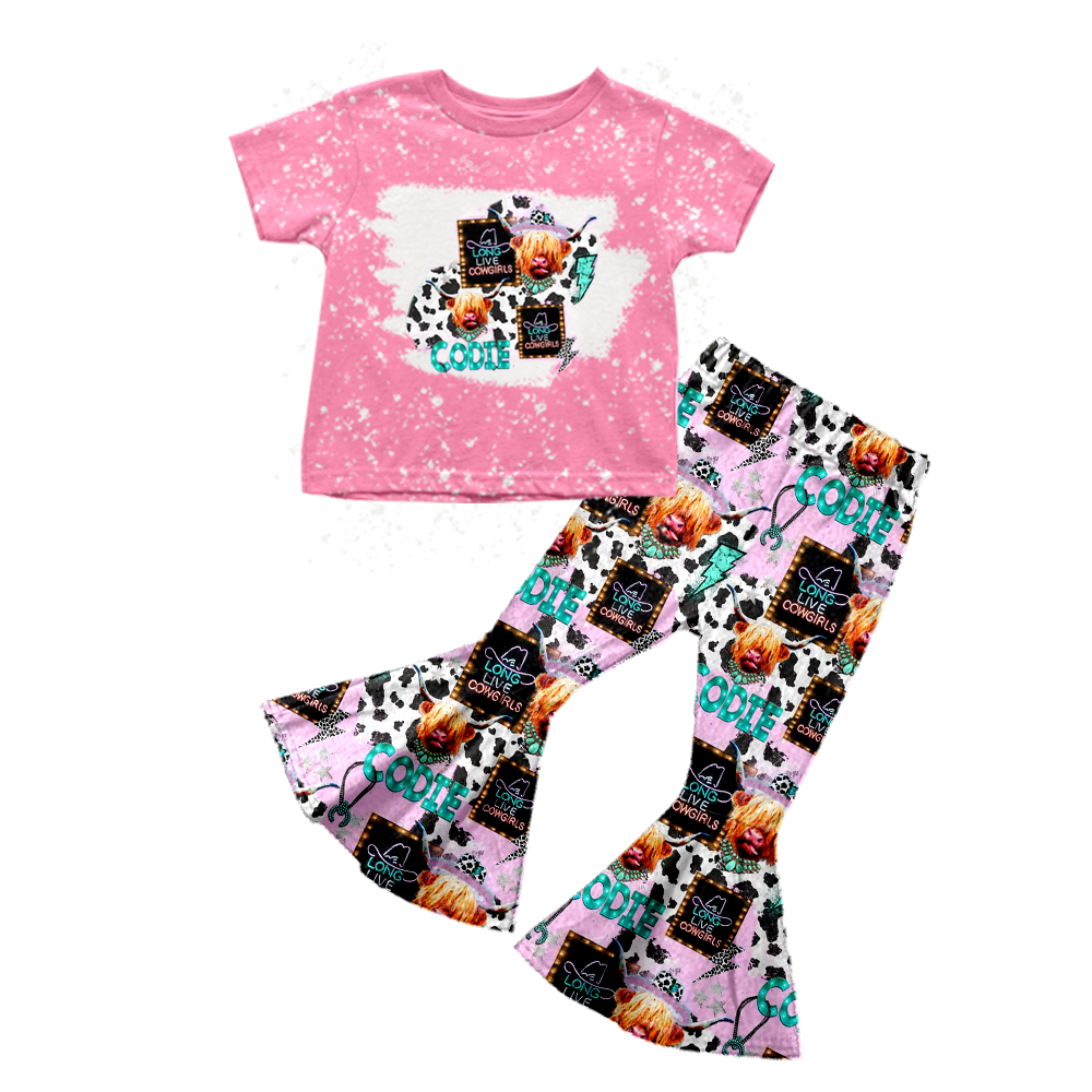 preorder long live cowgirls print pink short sleeve top bell bottom girl outfits 0307 March