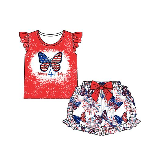 preorder butterfly print happy 4th july red top summer set girl short sleeve shorts outfit 0319