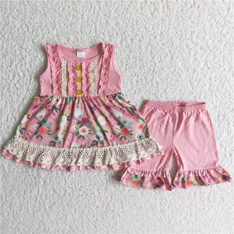 girl button lace pink floral ruffles short sleeve shorts