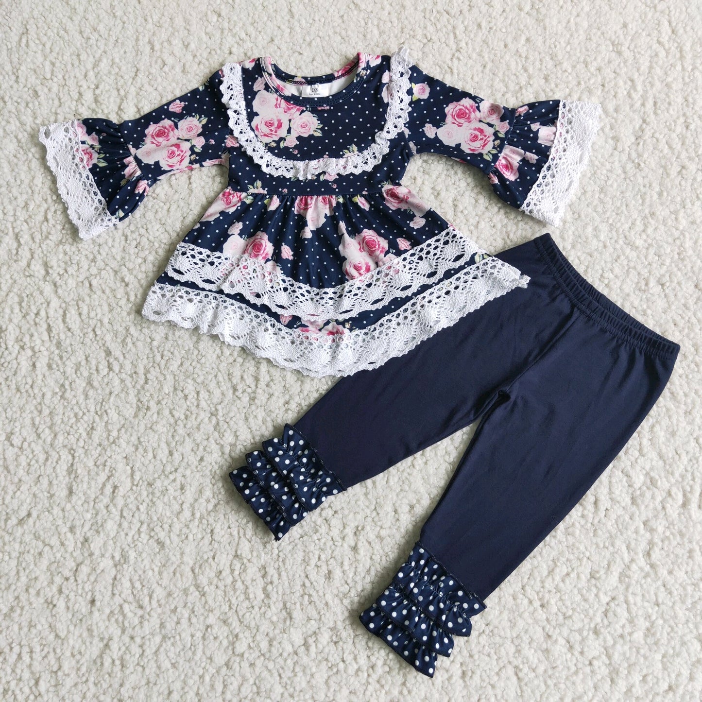 promotion 6 A24-17  girl nave blue ruffle floral double lace tunic long sleeve legging pants outfits RTS