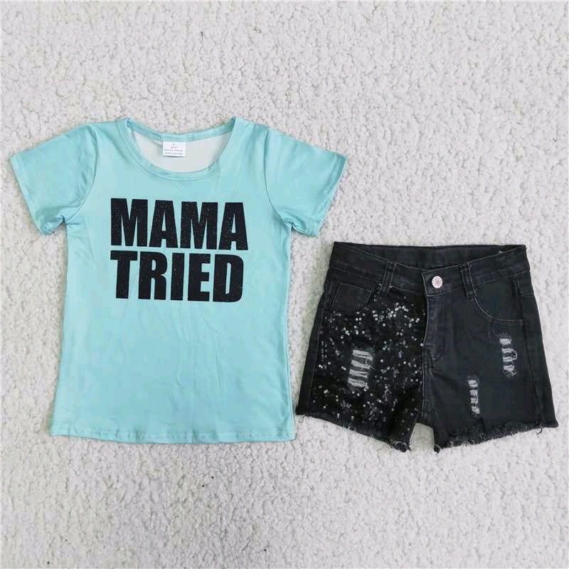 girl outfit mama tried letter sequins blue denim shorts set 0609 RTS