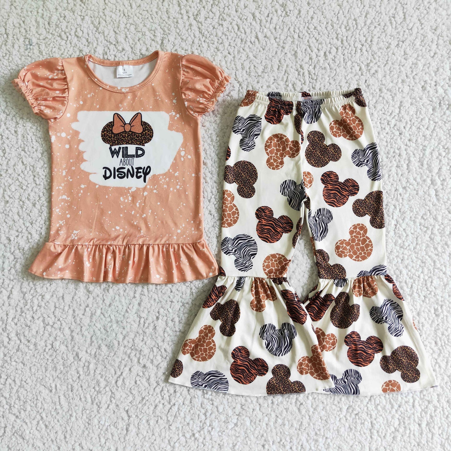 RTS wild orange short sleeves cartoon mouse bow leopard bell bottom girl outfit 0629