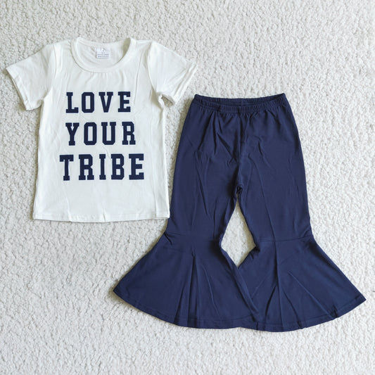 LOVE tribe short sleeve bell bottom solid blue color pants girl outfits 0809 RTS