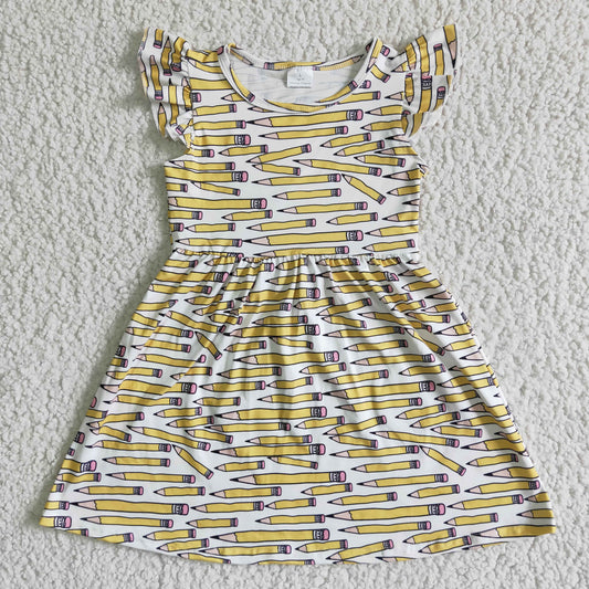 back to school yellow white pencils puffy short sleeve dress 0412