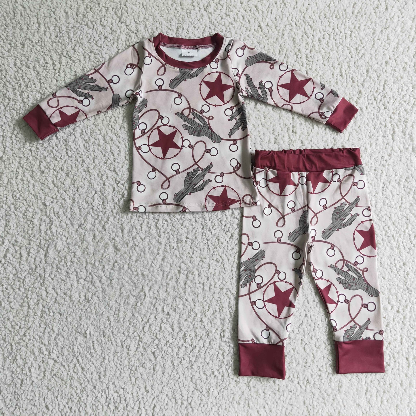 cactus stars red long sleeve boy pajamas outfit 1017 RTS