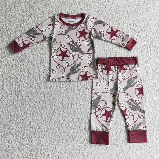 cactus stars red long sleeve boy pajamas outfit 1017 RTS