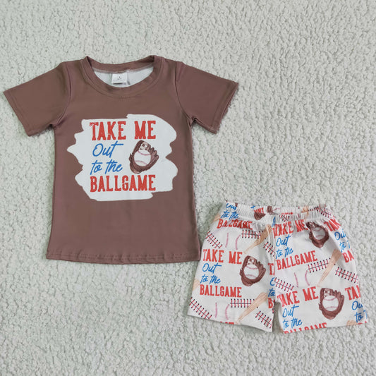 BSSO0023 brown baseball ball game print ruffles black short sleeve shorts boy outfit 20230323 RTS