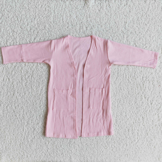 pink solid color pocket cotton long sleeve cardigan