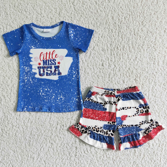 RTS blue red little miss USA letters short sleeve shorts girl outfits 0517