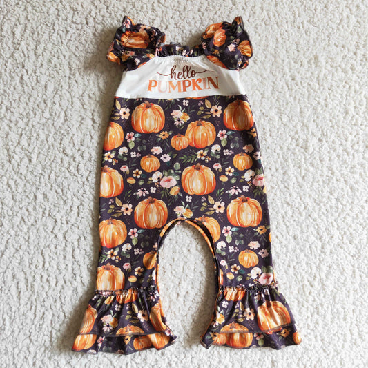 0927 RTS  hello pumpkin floral black ruffles girl short sleeve romper