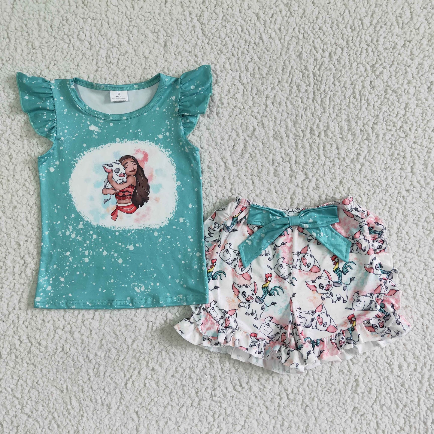 summer green top gril cartoon pig print short sleeve ruffle bow shorts girl outfits 0406