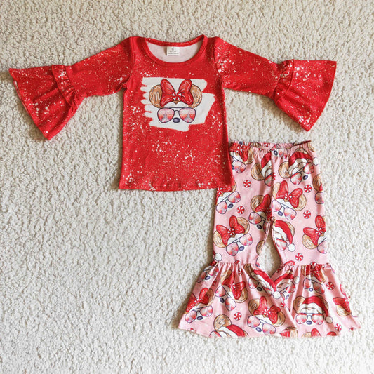 promotion GLP0096  red flare long sleeve cartoon mouse Christmas girl outfit