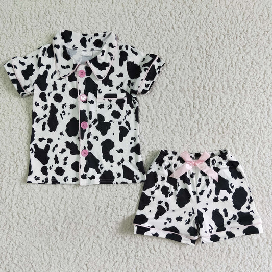 RTS white black farm cow print pajamas pink buttons shorts boy girl outfit  0601