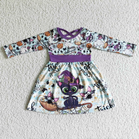 Purple cartoon long sleeve crisscross bat Halloween pumpkin hat girl dress 0803