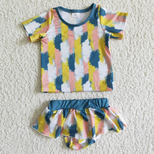colorful yellow white pink blue ruffles pink yellow white short sleeve swimming suit bathing suit 20230327