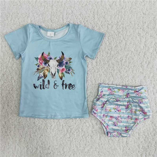 Flower cow head blue top print bummies outfit