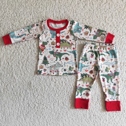 boy dinosaurs cartoon print button long sleeve pajamas christmas outfits 0708 RTS