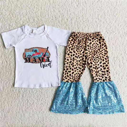 promotion A6-11 White mama guitar leopard print sequins short sleeve bell bottom pants outfit