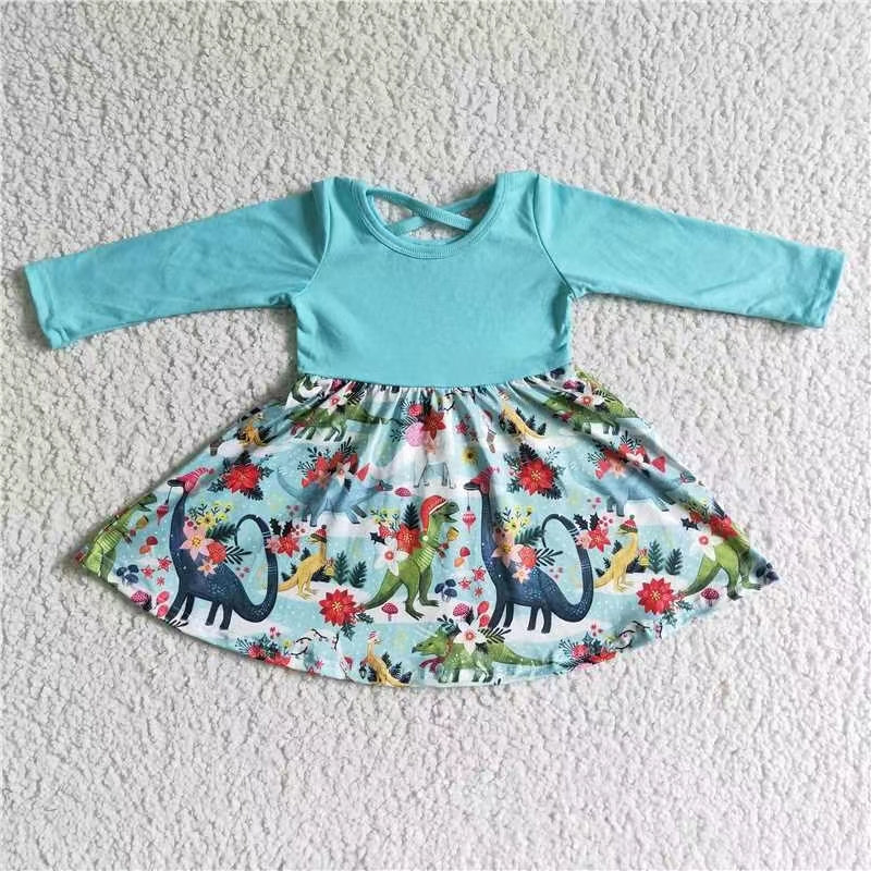 promotion GLD0006 Christmas flower floral blue crisscross long sleeve dinosaur girl dress  RTS 202408