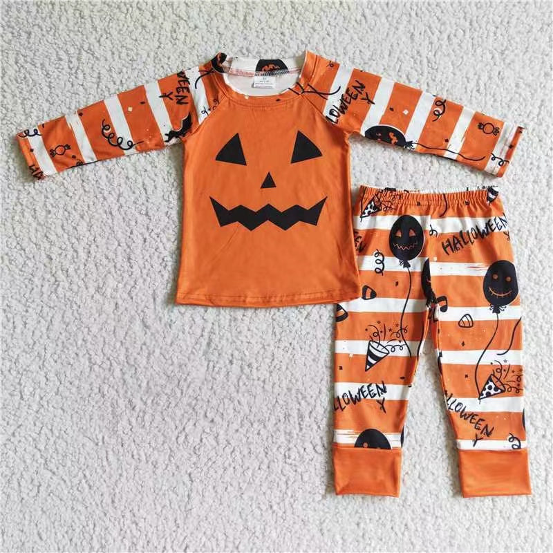 halloween orange pumpkin smile long sleeve stripe jogger mama and kids boy pajamas 0823 RTS