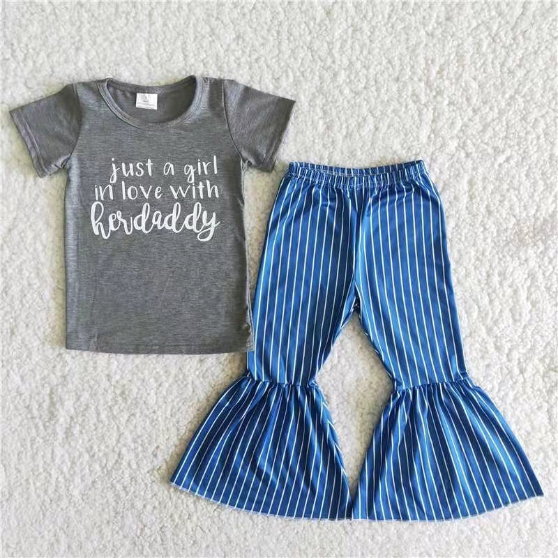 Girl daddy letter gray blue stripe short sleeve bell bottom pant GIRL outfit 0809 RTS