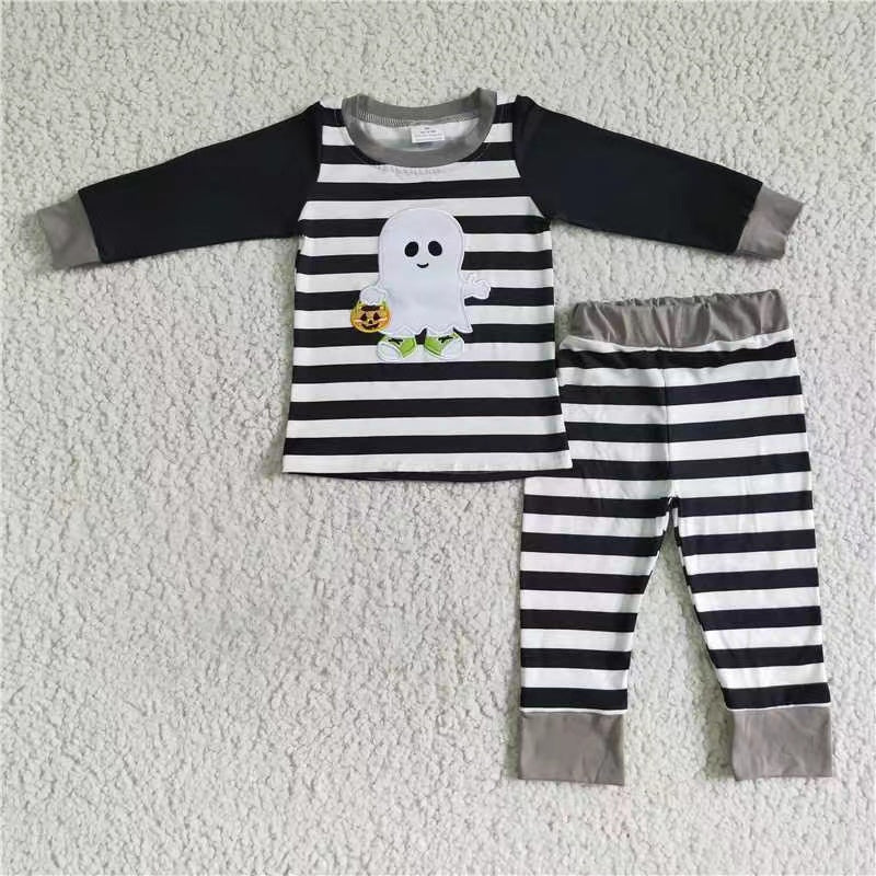 white black stripe Embroidery boo pumpkin halloween boy pajamas outfit 0823